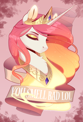 Size: 2200x3232 | Tagged: safe, artist:evehly, derpibooru import, princess celestia, alicorn, pony, bust, chest fluff, crown, eyes closed, female, jewelry, majestic as fuck, mare, old banner, peytral, portrait, reaction image, regalia, solo, truth