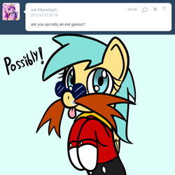 Size: 750x750 | Tagged: safe, artist:datahmedz, sunshower raindrops, pony, ask, clothes, cosplay, costume, crossover, doctor eggman, raindropsanswers, solo, sonic the hedgehog (series), tongue out, tumblr