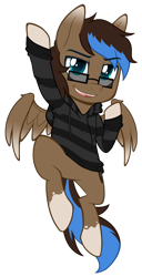 Size: 512x1000 | Tagged: safe, artist:higglytownhero, derpibooru import, oc, oc only, oc:playthrough, pegasus, pony, clothes, cute, flying, glasses, hoodie, hoof in air, looking up, male, shoryuken, smiling, solo, spread wings, stallion