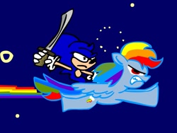 Size: 799x600 | Tagged: safe, artist:rogerregorroger, derpibooru import, rainbow dash, pegasus, pony, crossover, nyan cat, nyan dash, riding, sonic the hedgehog, sonic the hedgehog (series), sword