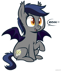 Size: 640x748 | Tagged: safe, artist:higglytownhero, derpibooru import, oc, oc only, oc:echo, bat pony, pony, colored pupils, cute, dialogue, ear tufts, eeee, fangs, female, mare, ocbetes, open mouth, raised hoof, simple background, sitting, smiling, solo, speech bubble, spread wings, tail, tilde, white background