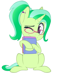 Size: 800x1000 | Tagged: safe, artist:higglytownhero, derpibooru import, oc, oc only, oc:paige turner, pony, unicorn, book, bookhorse, chibi, colored pupils, cute, ear piercing, glasses, haunches, one eye closed, piercing, reading glasses, shy, simple background, smiling, solo, transparent background, wink
