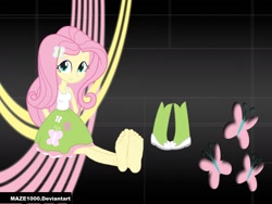 Size: 2000x1500 | Tagged: safe, artist:maze1000, fluttershy, equestria girls, barefoot, boots, clothes, cute, feet, foot fetish, foot focus, high heel boots, skirt, solo