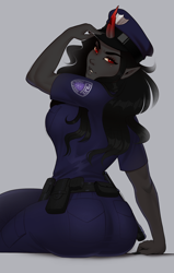 Size: 1998x3148 | Tagged: safe, artist:evehly, derpibooru import, king sombra, queen umbra, human, unicorn, ass, black hair, breasts, cap, clothes, female, gray background, hat, horn, horned humanization, humanized, looking at you, pants, police officer, pony coloring, red eyes, rule 63, simple background, sitting, solo