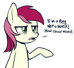 Size: 1153x1070 | Tagged: safe, artist:higglytownhero, derpibooru import, roseluck, earth pony, horse, pony, denial, dialogue, female, frown, mare, open mouth, raised hoof, simple background, solo, white background