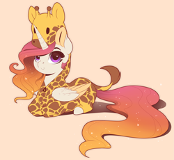 Size: 2901x2667 | Tagged: safe, artist:evehly, derpibooru import, princess celestia, alicorn, giraffe, pony, animal costume, c:, clothes, costume, cute, cutelestia, ethereal mane, evehly is trying to murder us, female, giraffelestia, kigurumi, looking at you, mare, ponyloaf, prone, simple background, smiling, solo, starry mane, weapons-grade cute, wing fluff, yellow background