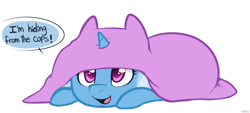 Size: 1086x491 | Tagged: safe, artist:higglytownhero, derpibooru import, trixie, pony, unicorn, blanket, cute, dialogue, diatrixes, open mouth, prone, simple background, solo, white background