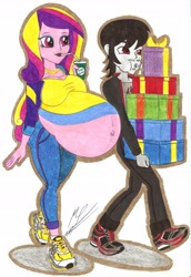 Size: 4551x6605 | Tagged: safe, artist:metaldudepl666, dean cadance, princess cadance, oc, oc:flame thrower, equestria girls, absurd resolution, alternate custom, art trade, box, canon x oc, clothes, drinking, hyper, hyper pregnancy, jacket, jeans, pants, pregnant, present, shipping, sneakers, t-shirt, tired