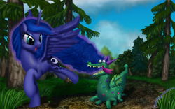 Size: 2000x1250 | Tagged: safe, artist:deathpwny, crackle, princess luna, alicorn, dragon, pony, female, mare