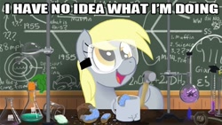 Size: 640x360 | Tagged: safe, artist:zicygomar, derpy hooves, princess luna, smooze, alicorn, pegasus, pony, g1, algebra, beaker, bunsen burner, buzzbomber, carrot, chalkboard, crossover, derp, donut, equation, female, filly, flask, goggles, hammer, hoof hold, i have no idea what i'm doing, image macro, lab, math, muffin, mug, open mouth, science, smiling, sonic the hedgehog (series), this will end in science, this will not end well, timeline, waspinator, woona, woonoggles, younger