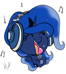 Size: 900x999 | Tagged: safe, artist:atryl, princess luna, alicorn, pony, cute, eyes closed, headphones, lollipop, lunabetes, simple background, solo