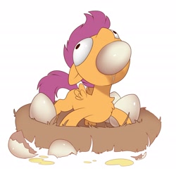 Size: 2717x2677 | Tagged: safe, artist:evehly, derpibooru import, scootaloo, pegasus, pony, cannibalism, chest fluff, derp, eating, egg, female, filly, nest, scootachicken, solo, wat, why