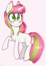 Size: 778x1100 | Tagged: safe, artist:higglytownhero, derpibooru import, oc, oc only, oc:stargazer lily, pony, unicorn, blushing, butt freckles, commission, glasses, pink background, simple background, smiling, solo