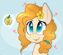 Size: 1347x1177 | Tagged: safe, artist:higglytownhero, derpibooru import, pear butter, pony, the perfect pear, cute, female, flower, flower in hair, heart, implied bright mac, mare, pearabetes, smiling, solo