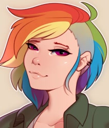 Size: 900x1063 | Tagged: safe, artist:evehly, derpibooru import, rainbow dash, human, bust, clothes, ear piercing, earring, female, humanized, jewelry, piercing, portrait, simple background, solo