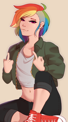 Size: 800x1425 | Tagged: safe, alternate version, artist:evehly, derpibooru import, rainbow dash, human, belly button, clothes, converse, ear piercing, earring, female, fuck you, humanized, jewelry, middle finger, midriff, piercing, shoes, simple background, sitting, sneakers, solo, undercut, vulgar