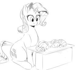 Size: 1000x922 | Tagged: safe, artist:sirmasterdufel, rarity, pony, unicorn, bread, croissant, food, grayscale, monochrome, rarity looking at food, solo