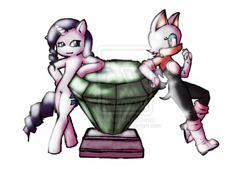 Size: 900x610 | Tagged: safe, artist:melidichan, derpibooru import, rarity, pony, unicorn, crossover, female, master emerald, rouge the bat, sonic the hedgehog (series), watermark