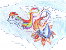 Size: 900x695 | Tagged: safe, artist:srb2-blade, derpibooru import, rainbow dash, pegasus, pony, crossover, metal sonic, race, rivalry, sonic rainboom, sonic the hedgehog (series), traditional art