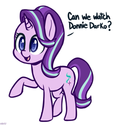 Size: 721x770 | Tagged: safe, artist:higglytownhero, derpibooru import, starlight glimmer, pony, unicorn, cute, dialogue, donnie darko, glimmerbetes, open mouth, raised hoof, simple background, solo, white background