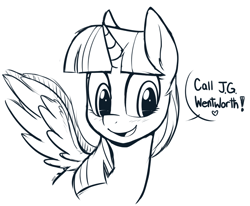 Size: 900x743 | Tagged: safe, artist:higglytownhero, derpibooru import, twilight sparkle, twilight sparkle (alicorn), alicorn, pony, cute, female, heart, j.g. wentworth, monochrome, solo, twiabetes