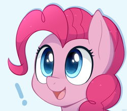 Size: 1200x1051 | Tagged: safe, artist:higglytownhero, derpibooru import, pinkie pie, earth pony, pony, cute, diapinkes, exclamation point, female, mare, open mouth, simple background, smiling, solo