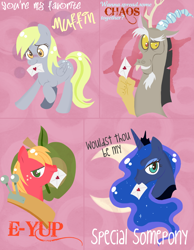 Size: 906x1169 | Tagged: safe, artist:musapan, big macintosh, derpy hooves, discord, princess luna, alicorn, pony, text, valentine