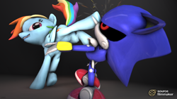 Size: 1920x1080 | Tagged: safe, artist:chaotrix, derpibooru exclusive, derpibooru import, rainbow dash, pegasus, pony, 3d, crossover, fight, kicking, metal sonic, sonic the hedgehog (series), source filmmaker