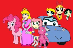 Size: 900x593 | Tagged: dead source, safe, artist:kylgrv, derpibooru import, pinkie pie, earth pony, pony, amy rose, car, cars (pixar), crossover, downvote bait, mario, porsche, porsche 911, porsche 911 carrera, porsche 996, princess peach, sally carrera, sonic the hedgehog (series), super mario bros., the backyardigans, the powerpuff girls, wat