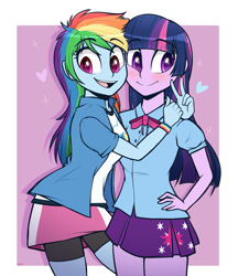 Size: 1231x1423 | Tagged: safe, artist:higglytownhero, derpibooru import, rainbow dash, twilight sparkle, equestria girls, blushing, clothes, female, lesbian, looking at you, peace sign, shipping, skirt, smiling, twidash