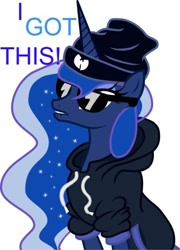 Size: 450x624 | Tagged: safe, princess luna, alicorn, pony, clothes, gangsta, headband, hoodie, image macro, lip bite, sunglasses, wu tang, wu tang clan