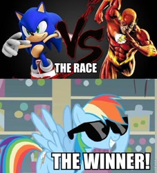 Size: 598x659 | Tagged: artist needed, source needed, safe, derpibooru import, rainbow dash, pegasus, pony, caption, crossover, image macro, sonic the hedgehog, sonic the hedgehog (series), the flash