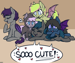 Size: 1818x1535 | Tagged: safe, artist:cold-blooded-twilight, artist:higglytownhero, derpibooru import, oc, oc only, oc:ipomoea, oc:nolegs, oc:sirocca, oc:speck, oc:vee, bat pony, bat pony oc, blushing, clothes, cuddle puddle, cuddling, heart, hoodie, pony pile, speech