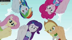 Size: 1600x900 | Tagged: safe, artist:maze1000, applejack, fluttershy, pinkie pie, rainbow dash, rarity, equestria girls, barefoot, feet, foot fetish, foot focus, huddle shot, humane five, pov, soles, toes