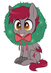 Size: 1583x2284 | Tagged: safe, artist:higglytownhero, derpibooru import, oc, oc only, oc:velvet quill, hippogriff, 2018 community collab, :p, bow, christmas wreath, derpibooru community collaboration, silly, simple background, tongue out, transparent background, wreath, ych result