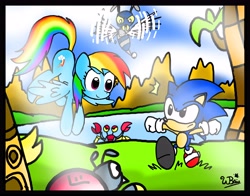 Size: 4652x3648 | Tagged: safe, artist:neoncabaret, derpibooru import, rainbow dash, pegasus, pony, robot, absurd resolution, classic sonic, crossover, green hill zone, sonic the hedgehog, sonic the hedgehog (series)