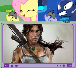 Size: 789x700 | Tagged: safe, fluttershy, princess luna, alicorn, pegasus, pony, controller, exploitable meme, eyes closed, female, gamer luna, gamer meme, gamershy, happy, hoof hold, lara croft, mare, meme, obligatory pony, open mouth, pink mane, screen, smiling, tomb raider, tv meme, yellow coat