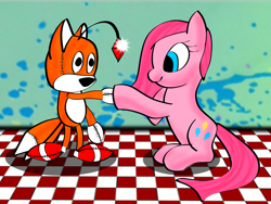 Size: 1600x1200 | Tagged: safe, artist:mtsky, derpibooru import, pinkie pie, earth pony, pony, crossover, pinkamena diane pie, sonic the hedgehog (series), tails doll