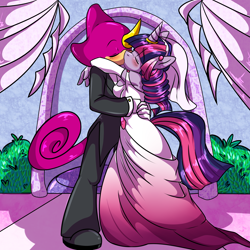 Size: 2000x2000 | Tagged: safe, artist:moneychan, twilight sparkle, anthro, blushing, clothes, commission, crossover, crossover shipping, dress, espio the chameleon, female, hug, interspecies, kissing, love, male, shipping, sonic the hedgehog (series), straight, tuxedo, wedding, wedding dress