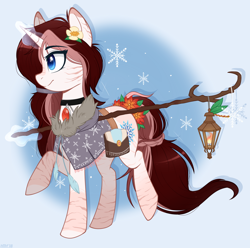 Size: 1110x1100 | Tagged: safe, artist:higglytownhero, derpibooru import, oc, oc only, oc:ivory breeze, pony, unicorn, clothes, commission, female, flower, flower in hair, glowing horn, jewelry, lantern, magic, mare, pendant, saddle bag, smiling, staff, telekinesis