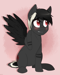 Size: 875x1100 | Tagged: safe, artist:higglytownhero, derpibooru import, oc, oc only, oc:crimson, pony, blushing, embarrassed, lip bite, male, simple background, sitting, solo, spread wings, stallion, wings