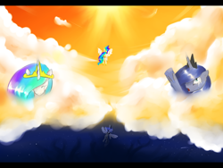 Size: 1024x768 | Tagged: source needed, safe, artist:leimy, princess celestia, princess luna, alicorn, pony, cloud, cloudy, crying, stars, sun