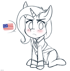 Size: 973x986 | Tagged: safe, artist:higglytownhero, derpibooru import, trixie, pony, unicorn, american revolution, angry, blushing, clothes, female, flag, history, looking at you, mare, simple background, solo, speech bubble, uniform, white background