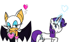 Size: 1126x620 | Tagged: safe, artist:kyoyalove, derpibooru import, rarity, pony, unicorn, crossover, crossover shipping, heart, magic, rouge the bat, sonic the hedgehog (series)