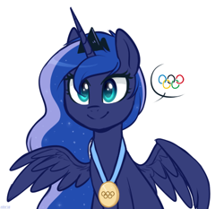 Size: 516x480 | Tagged: safe, artist:higglytownhero, derpibooru import, princess luna, alicorn, pony, bust, crown, cute, female, gold medal, jewelry, mare, medal, olympic rings, olympics, pictogram, regalia, simple background, smiling, solo, white background