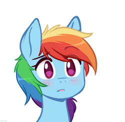 Size: 485x473 | Tagged: safe, artist:higglytownhero, derpibooru import, rainbow dash, pegasus, pony, blushing, bust, cute, dashabetes, female, mare, portrait, simple background, solo, white background