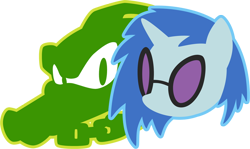 Size: 850x508 | Tagged: safe, artist:fuzon-s, dj pon-3, vinyl scratch, pony, unicorn, crossover, duo, logo, sonic the hedgehog (series), style emulation, vector the crocodile