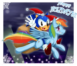 Size: 1981x1700 | Tagged: safe, artist:ss2sonic, derpibooru import, rainbow dash, pegasus, pony, christmas, classic sonic, crossover, flying, grin, hat, looking at you, open mouth, riding, santa hat, smiling, sonic the hedgehog, sonic the hedgehog (series), spread wings, waving