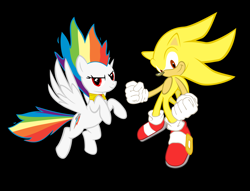 Size: 5700x4364 | Tagged: safe, artist:geonine, derpibooru import, rainbow dash, pegasus, pony, absurd resolution, black background, crossover, element of loyalty, simple background, sonic the hedgehog, sonic the hedgehog (series), super rainbow dash, super sonic, vector