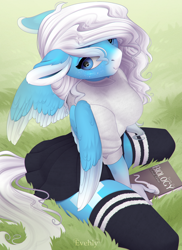 Size: 900x1238 | Tagged: safe, artist:evehly, derpibooru import, oc, oc only, oc:icy heart, anthro, pegasus, adorasexy, anthro oc, big breasts, biology, book, breasts, clothes, cute, female, kneeling, mare, sexy, sitting, smiling, socks, solo, sperm cell, textbook, thigh highs, ych result, zettai ryouiki